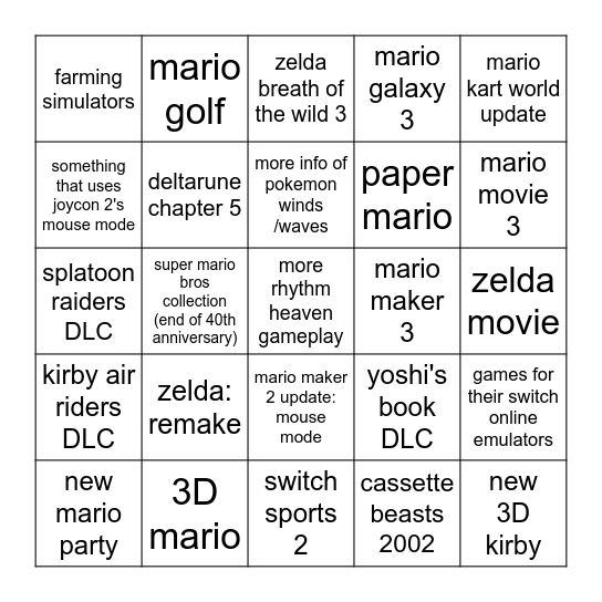 nintendo direct Bingo Card