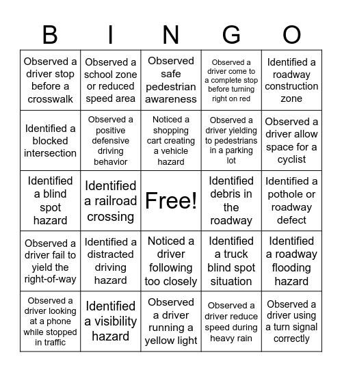 Roadway Awareness Bingo Card