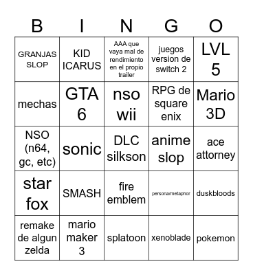 Nintendo Direct Bingo Card