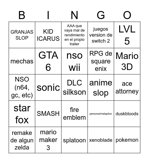 Nintendo Direct Bingo Card