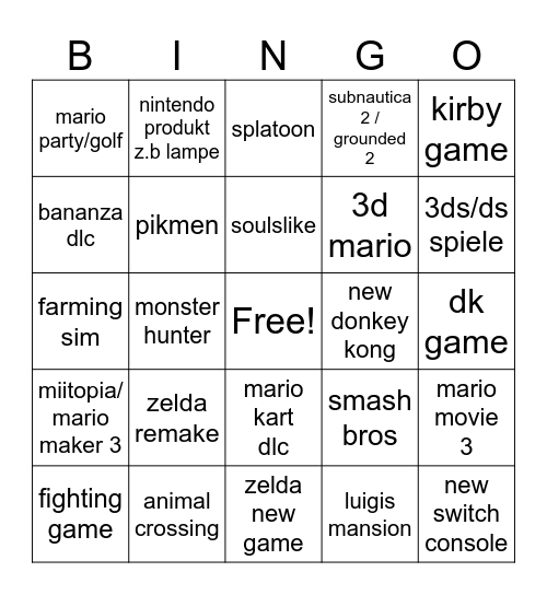 nintendo direct Bingo Card