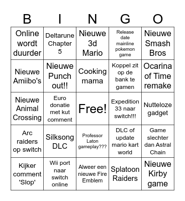 Nintendo Switch Direct bingokaart Bingo Card