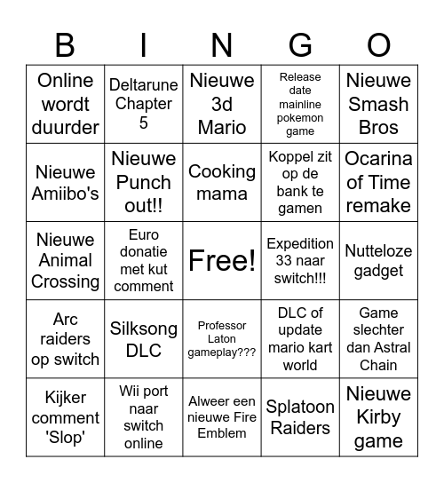 Nintendo Switch Direct bingokaart Bingo Card