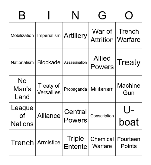 WORLD WAR I Bingo Card