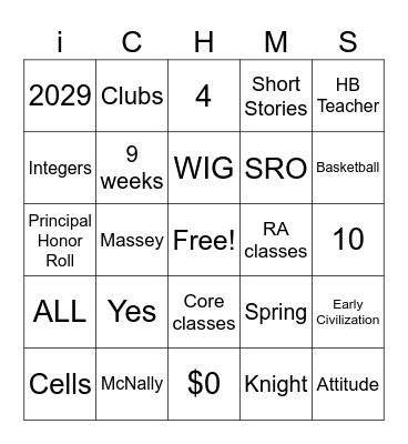 iCHMS Bingo Card
