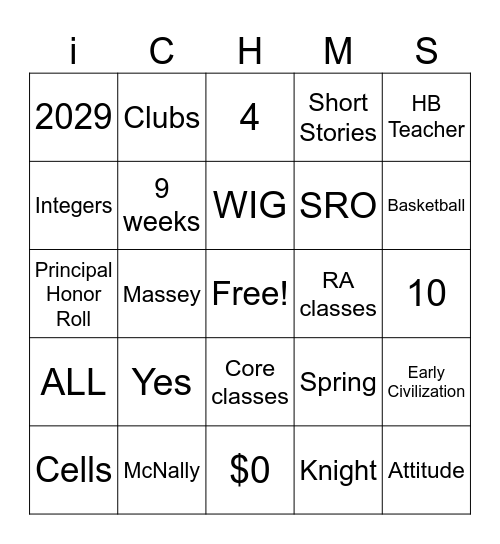 iCHMS Bingo Card