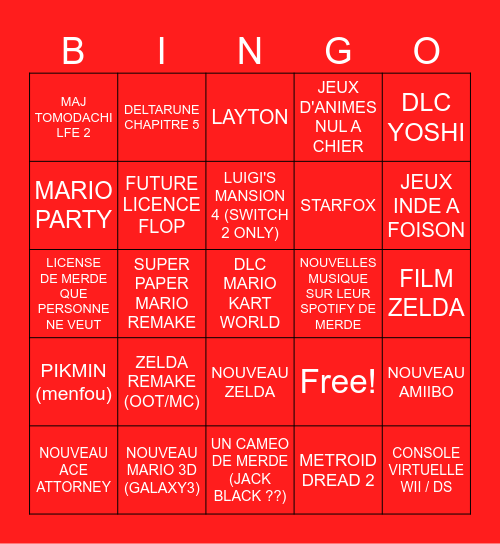 NINTENDO DIRECT Bingo Card