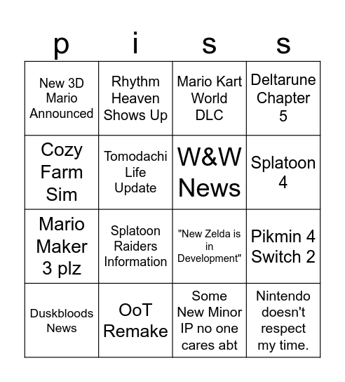 Nintendo Direct Bingo Card