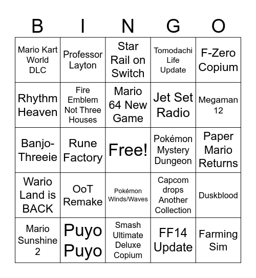 Random Nintendo Direct Bingo Card