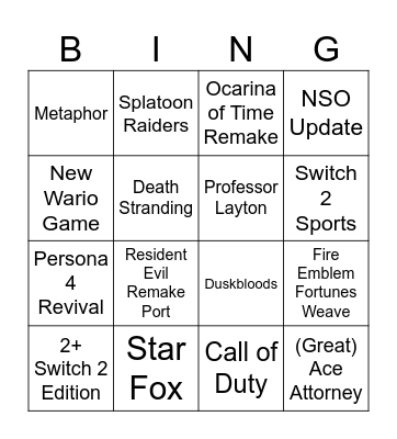 Nintendo Direct 09.06.2026 Bingo Card