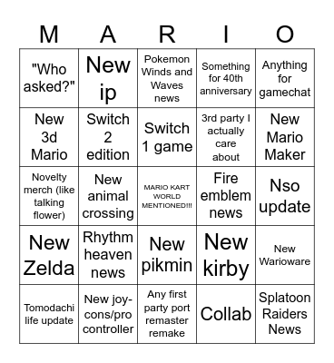 Nintendo Direct Bingo Card