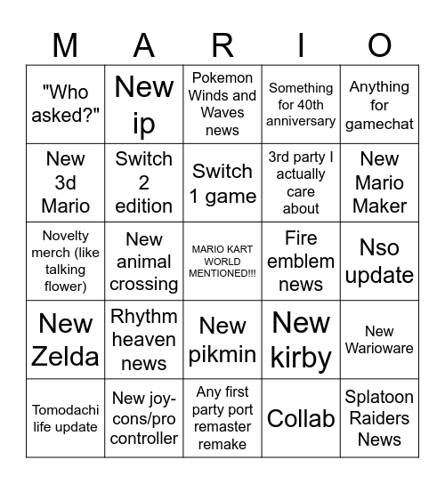 Nintendo Direct Bingo Card
