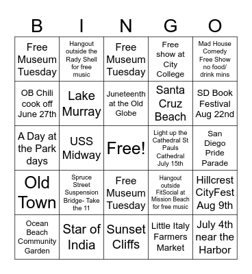 Free Things to do Near Downtown Bingo Card