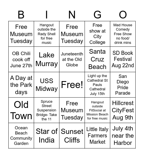 Free Things to do Near Downtown Bingo Card