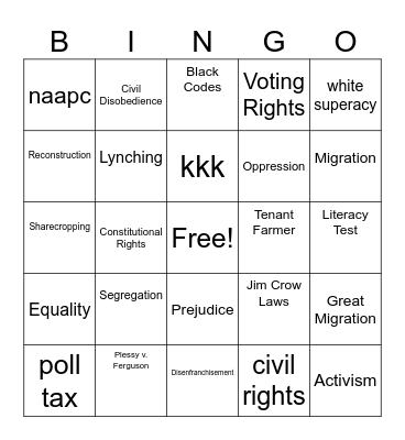 jim crowe era Bingo Card