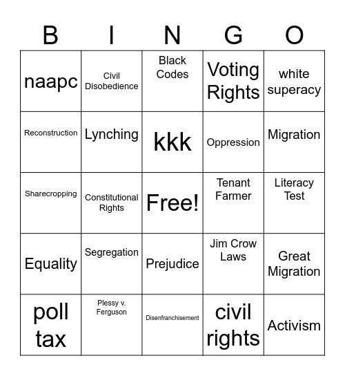jim crowe era Bingo Card