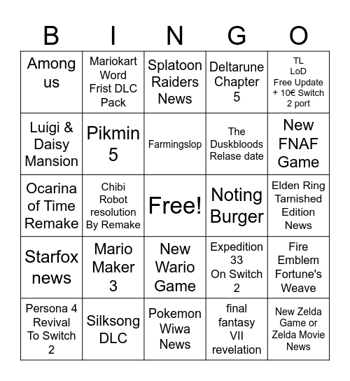 Nintendo Direct  Bingo Card