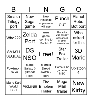 Nintendo Direct 6/9/2026 Bingo Card