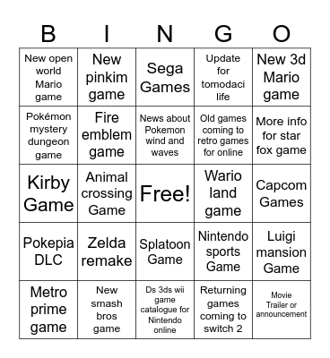 Nintendo bingo Card