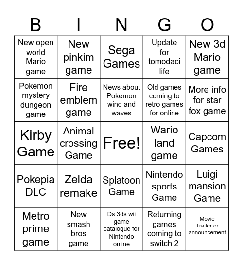 Nintendo bingo Card