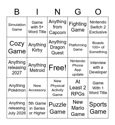 Nintendo Direct June 9th 2026 Bingo Card