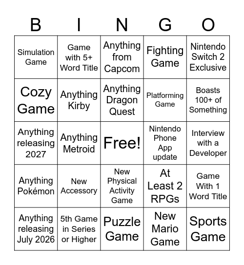 Nintendo Direct June 9th 2026 Bingo Card