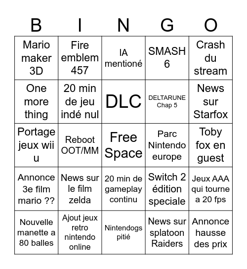 Nintendo Direct Bingo Card
