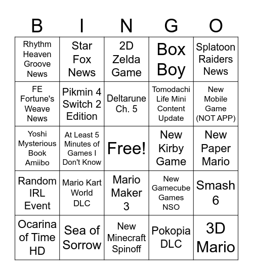 Nintendo Direct 6/9/26 Bingo Card