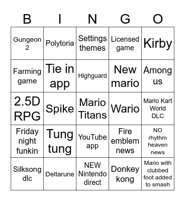 Nintendo Direct Bingo Card
