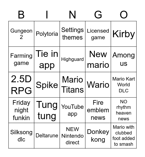 Nintendo Direct Bingo Card