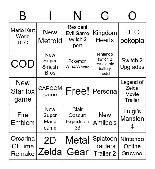 Nintendo Direct 6/9/26 Bingo Card