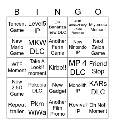 Nintendo Direct 09/06/26 Bingo Card