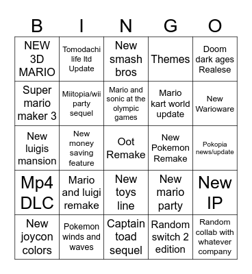 Nintendo Direct Bingo Card