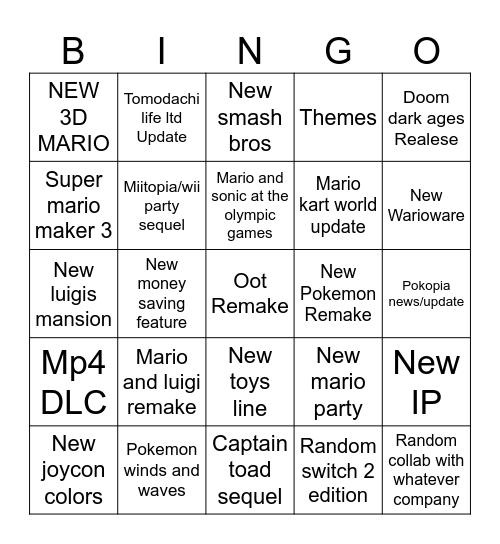 Nintendo Direct Bingo Card