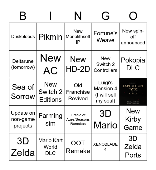 Nintendo Direct Bingo Card