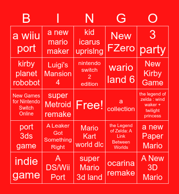 Nintendo Direct Bingo Card