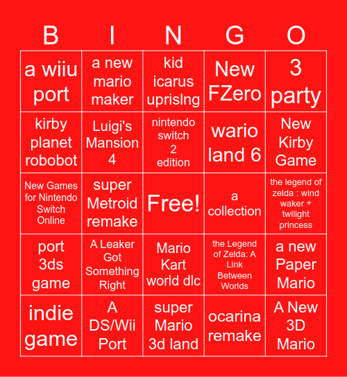Nintendo Direct Bingo Card