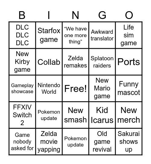 June 9th Nintendo Direct Bingo Card