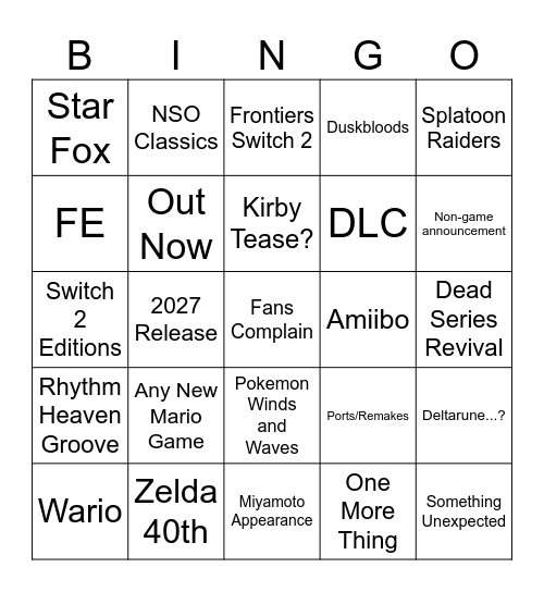 Nintendo Direct 6/9/2026 (nice) Bingo Card
