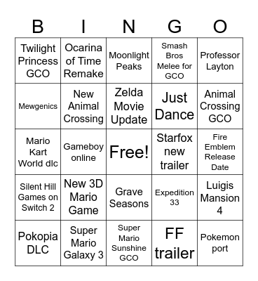 Nintendo Direct Bingo Card