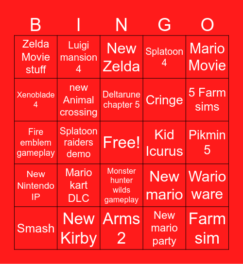 Nintendo Direct Bingo Card