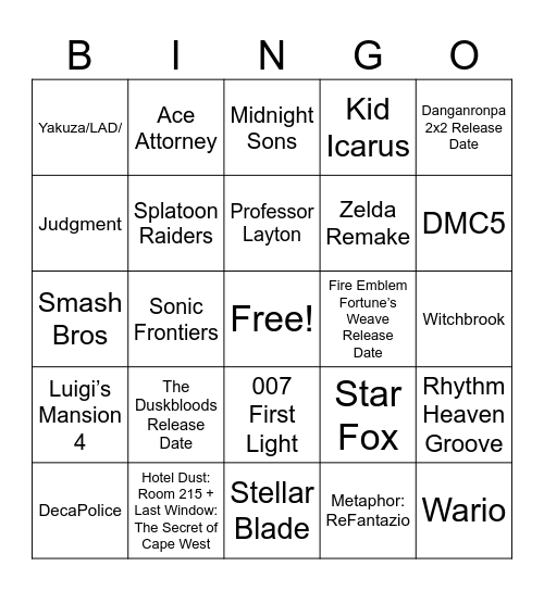 Nintendo Direct 6/9/26 Bingo Card