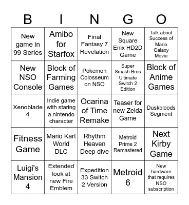 Nintendo Direct June 2026 Bingo Card