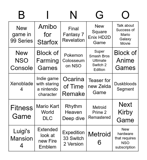 Nintendo Direct June 2026 Bingo Card