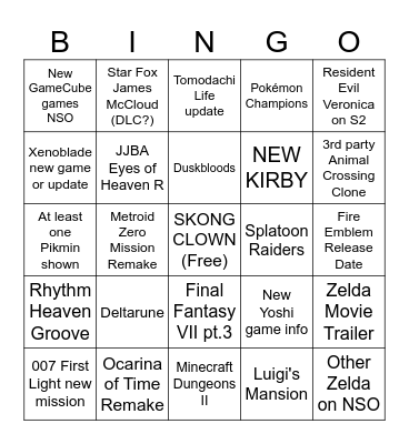 Nintendo Direct June 2026 Bingo Card