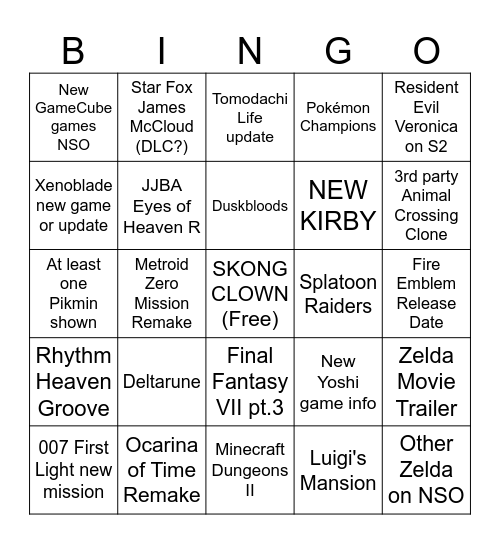 Nintendo Direct June 2026 Bingo Card