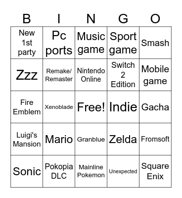 Nintendo Direct Bingo Card