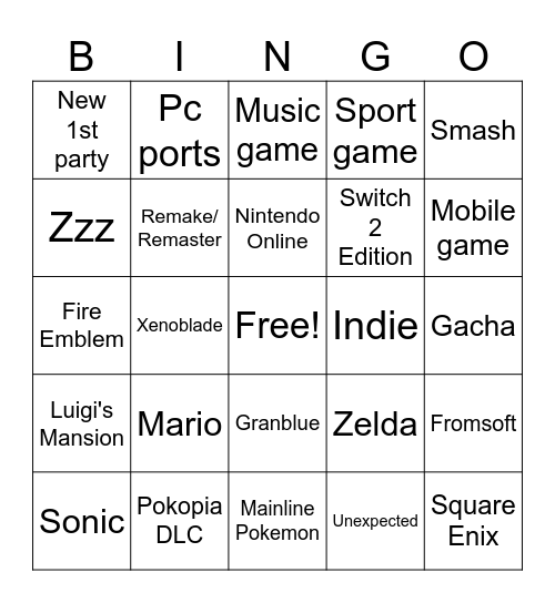 Nintendo Direct Bingo Card
