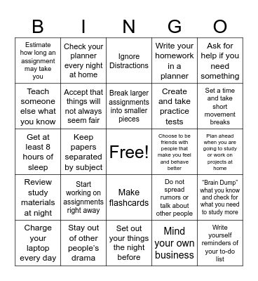 Back to School Bingo Card