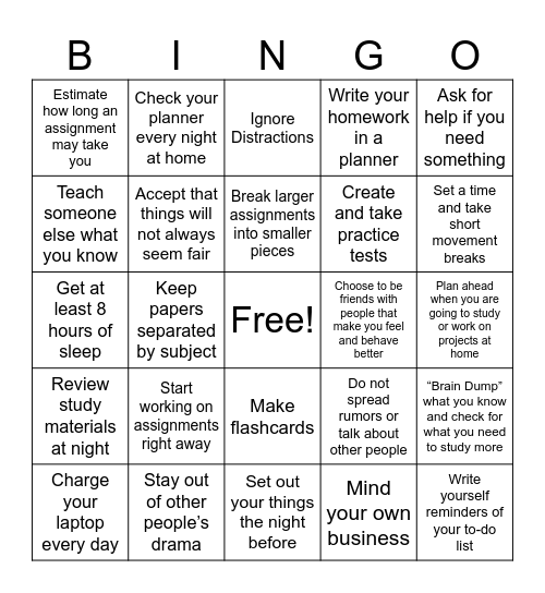 Back to School Bingo Card